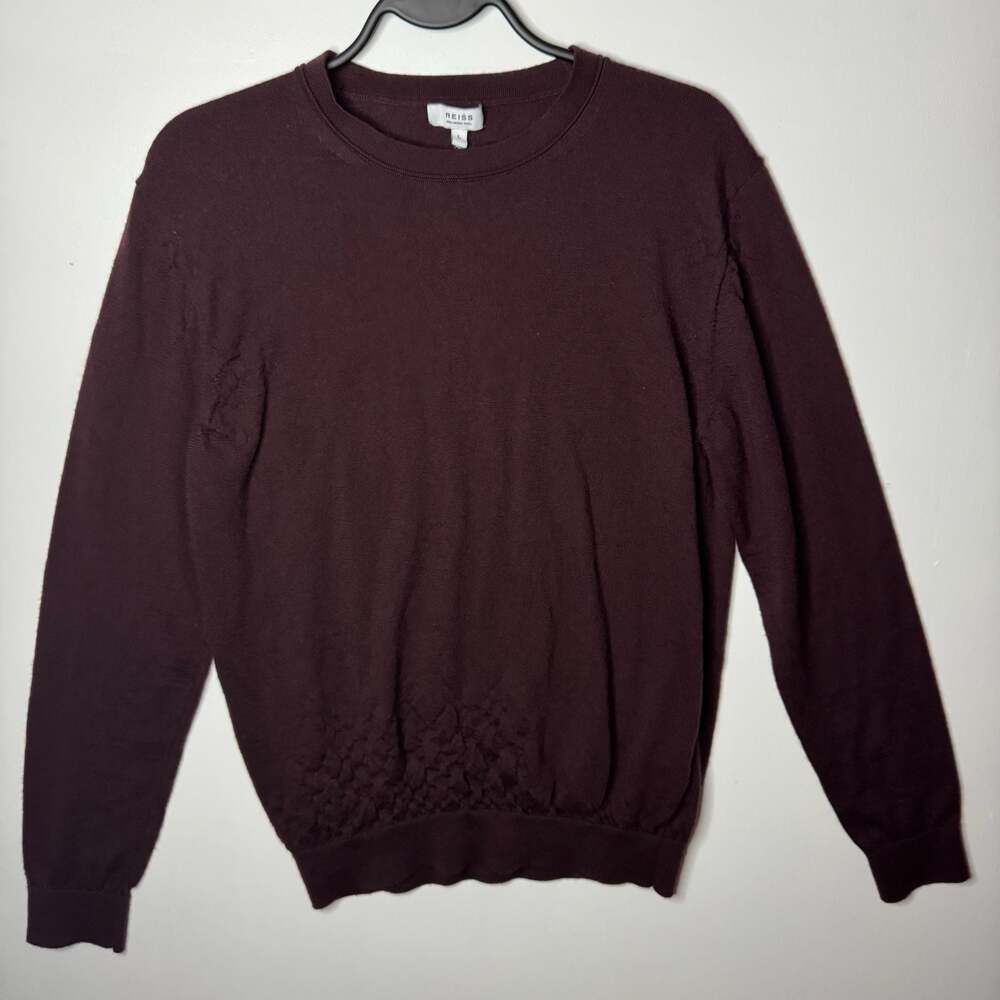 Reiss Men's Large 100% Merino Wool Crew Neck Sweater Size Burgundy